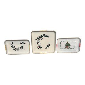 Vintage Christmas Lacquer Serving Trays Holly & Tree Design Set of 3